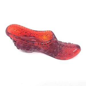 Vintage Red Molded Daisy & Button Glass Shoe / Slipper 4 1/2in long